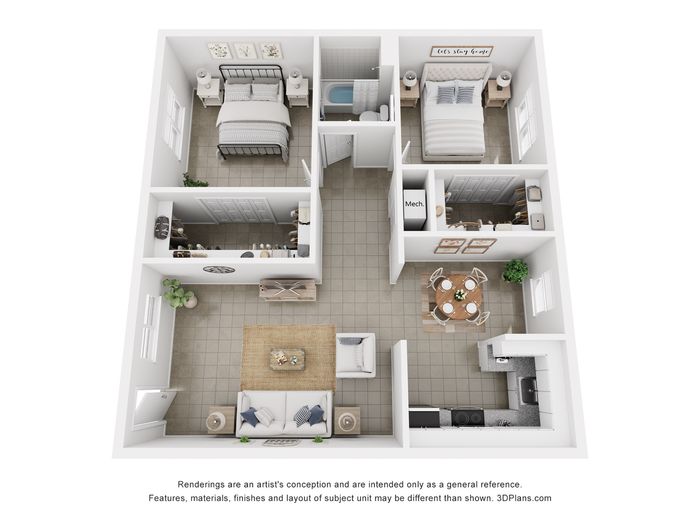Charming 3D floor plan showcasing 2 bedrooms, cozy living area, modern kitchen, and elegant dining space.