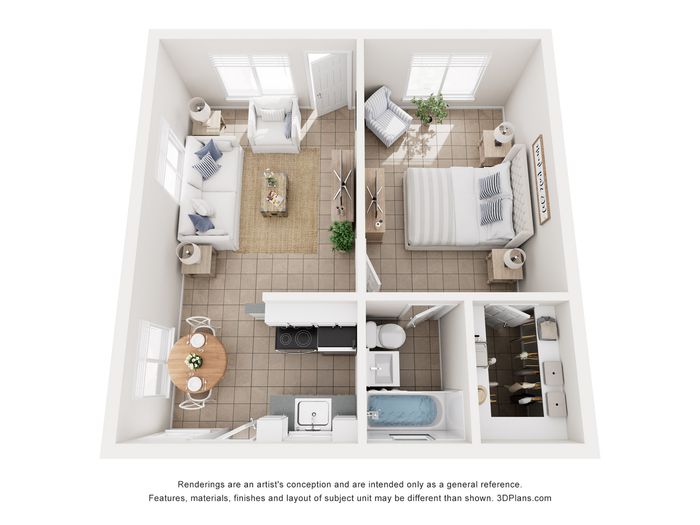 Charming 1-bedroom apartment floor plan showcasing an inviting living area, cozy kitchen, and modern bathroom.