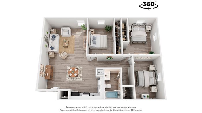 Modern 3D floor plan showcasing 2 cozy bedrooms, an inviting living room, and a sleek kitchen with dining area.