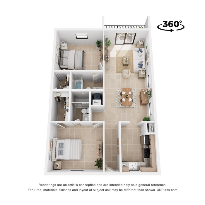 Modern 3D floor plan showcasing 2 bedrooms, an inviting open-plan living room, and a sleek kitchen with dining area.