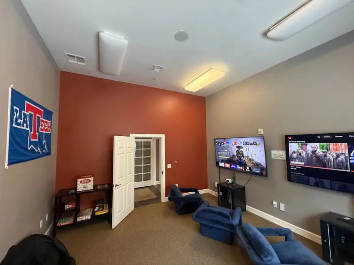 Modern entertainment room with dual flat-screen TVs, cozy lounge chairs, and vibrant decor.