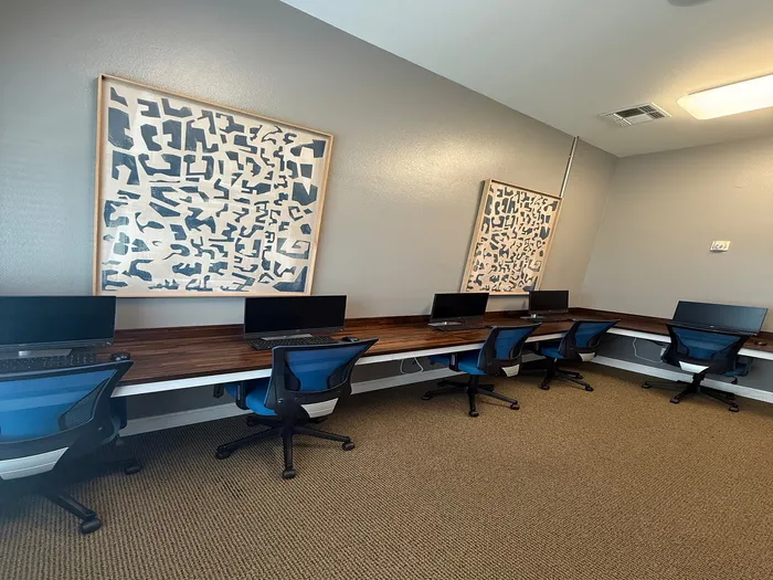 Modern computer room with sleek workstations, ergonomic chairs, and stylish abstract art on the walls.