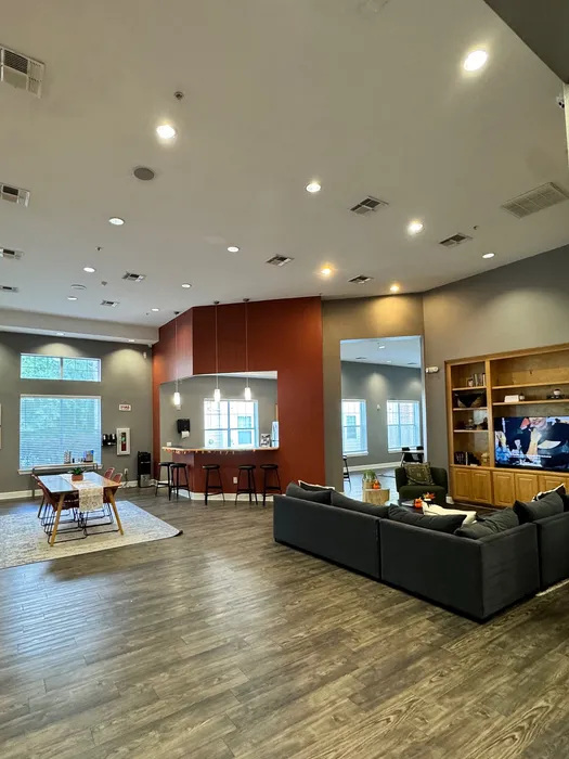 Spacious and modern living area with elegant wood flooring, cozy lounge seating, and a stylish communal dining space, perfect for entertaining.