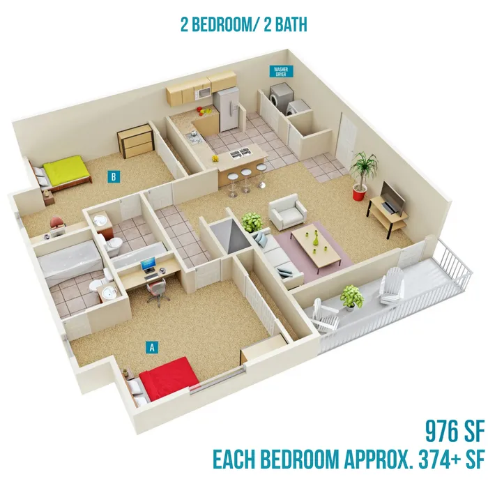 Modern 3D floor plan showcasing a 2 bedroom, 2 bath apartment with an open kitchen, cozy living area, and private balcony. Includes convenient washer and dryer setup, with a total area of 976 sq ft.