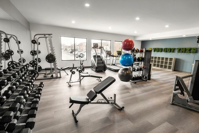 State-of-the-art gym featuring modern workout equipment, vibrant exercise balls, and motivational wall art.