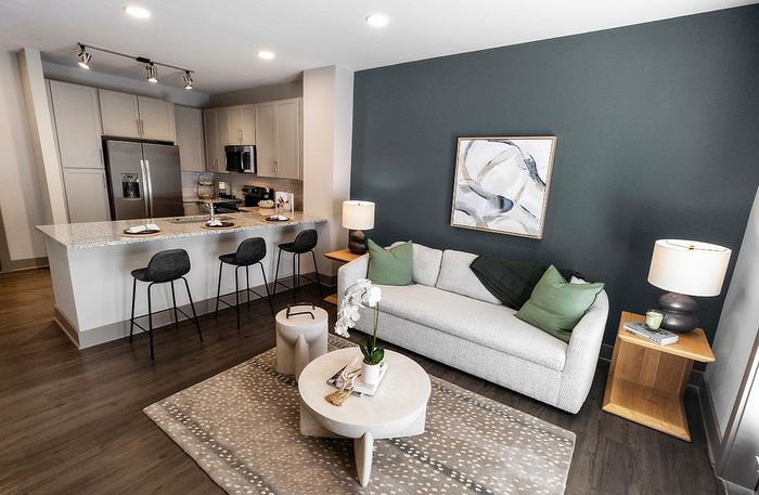 Modern living area with a stylish open kitchen, featuring granite countertops, sleek appliances, and cozy seating arrangement with chic decor.