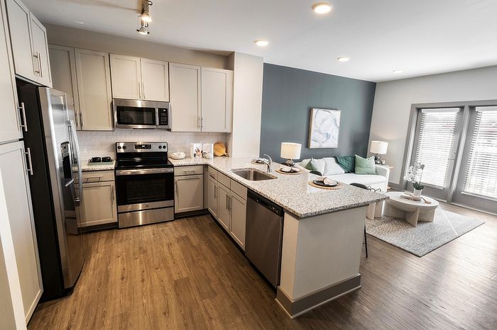 Modern kitchen and living area with sleek cabinetry, stainless steel appliances, and chic decor providing a welcoming ambiance.