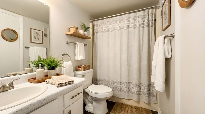 Elegant bathroom with modern white fixtures, stylish above-sink mirror, and tasteful decor featuring plants and woven accents.