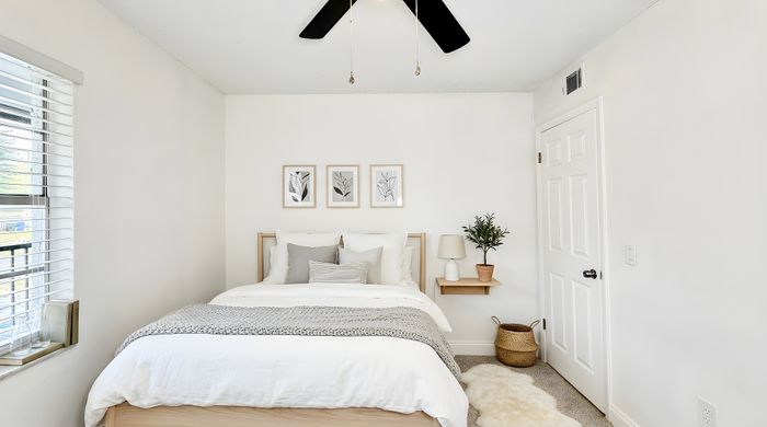 Bright and inviting bedroom with modern decor, featuring a cozy bed, stylish artwork, and ample natural light.