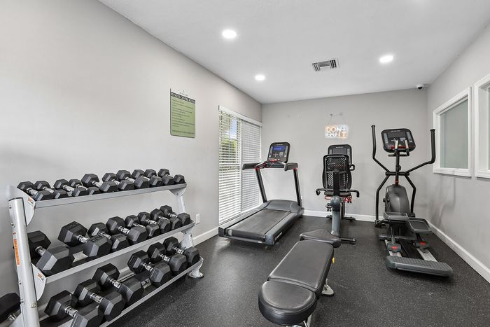 Inviting apartment gym with modern fitness equipment including treadmill, exercise bike, and a variety of weights, perfect for a healthy lifestyle.