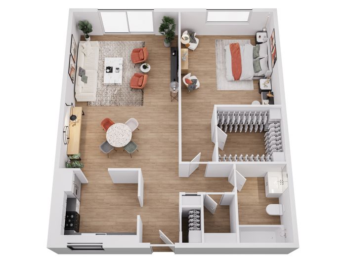 Modern 3D floor plan showcasing a 1-bedroom apartment with an open-concept living area, sleek kitchen, and spacious bathroom, designed for comfort and style.