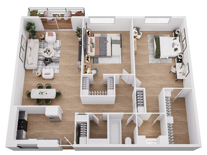 Modern apartment floor plan showcasing two spacious bedrooms, open-concept living and dining area, sleek kitchen, and cozy balcony retreat.