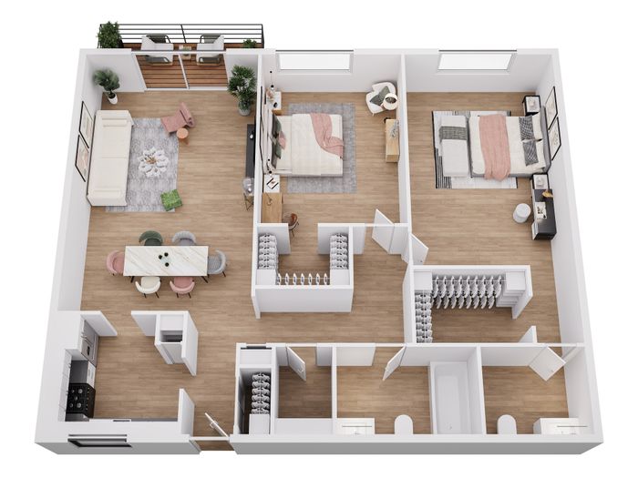 Inviting apartment floor plan showcasing cozy living room, modern kitchen, two spacious bedrooms, stylish bathroom, and a charming balcony.