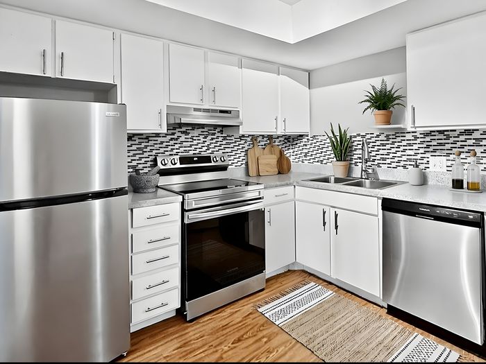 Modern kitchen with sleek stainless steel appliances, white cabinetry, and stylish backsplash, complemented by wooden flooring and potted plants for a fresh ambiance.