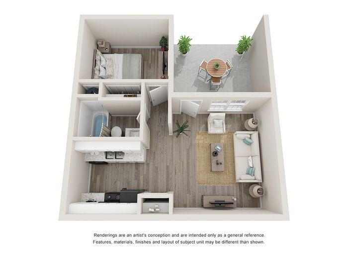 Charming 3D floor plan showcasing a cozy one-bedroom apartment with a stylish bathroom, modern kitchen, inviting living area, and spacious balcony for relaxation.