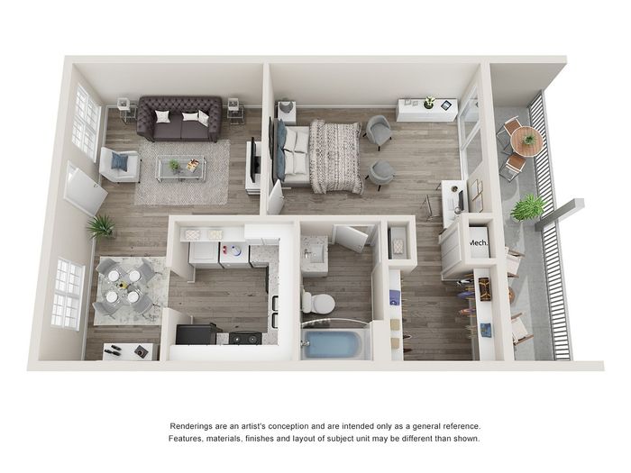 Elegant apartment floor plan with 1 bedroom, cozy living area, modern kitchen, and private balcony. Perfect for urban living.