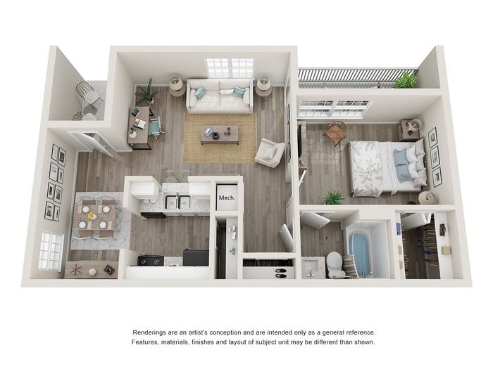 Modern apartment floor plan with one bedroom, open living area, stylish kitchen, dining space, cozy workspace, and private balcony.
