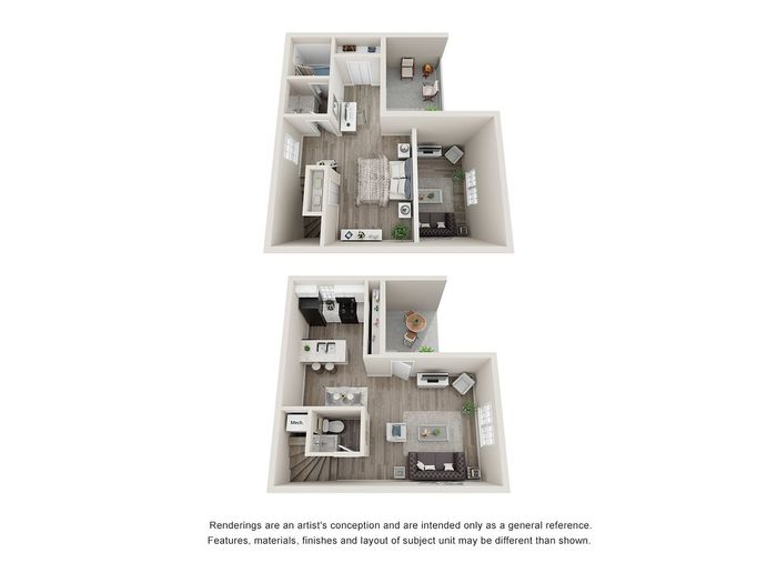 Modern 3D floor plan showcasing a duplex apartment with 2 bedrooms, a cozy living area, and a well-equipped kitchen. Spacious layout with stylish interiors and natural lighting.