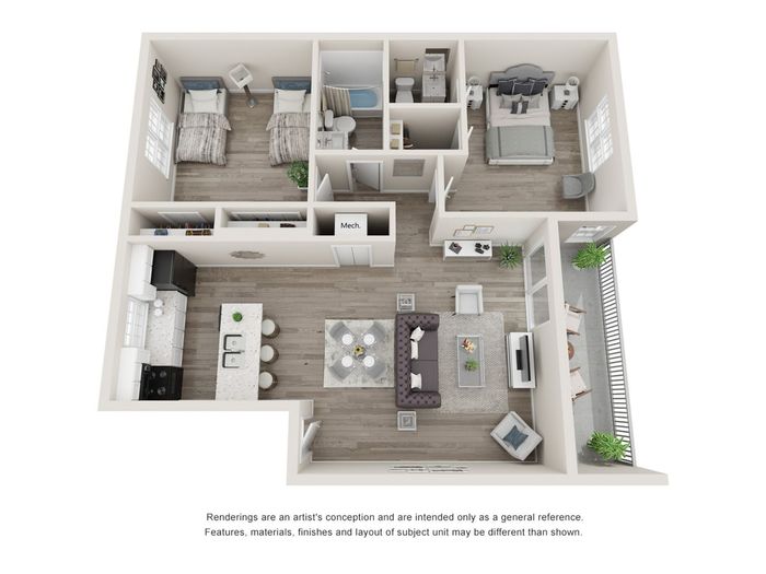 Contemporary 3D floor plan showcasing a 2-bedroom apartment with an open-concept kitchen, cozy living area, and balcony. Perfect for modern living.