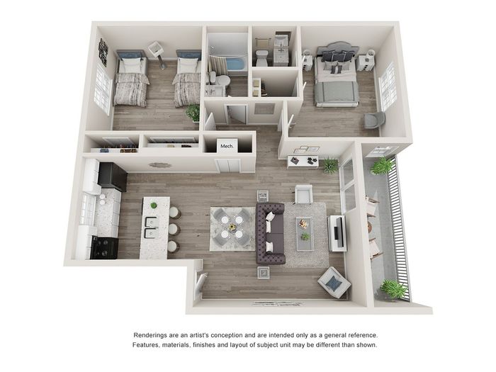 Modern 3D floor plan showcasing two stylish bedrooms, a sleek kitchen with a breakfast bar, and an open-concept living area leading to a balcony.