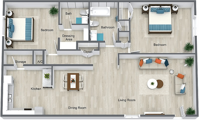 Elegant 3D floor plan showcasing 2 spacious bedrooms, stylish living room, modern kitchen with dining area, and well-designed bathrooms.
