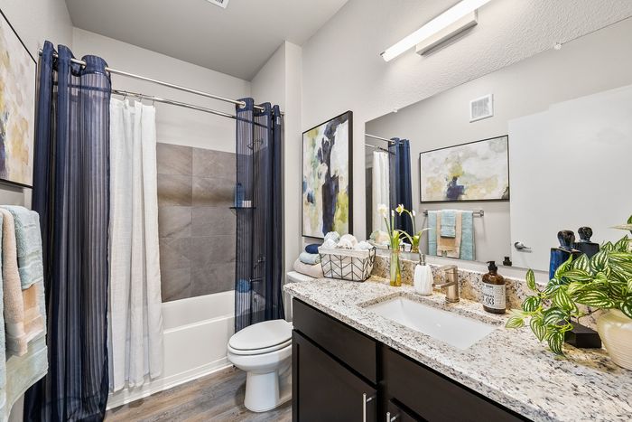 Elegant bathroom boasting a modern design with granite countertops, stylish artwork, and soothing blue accents.