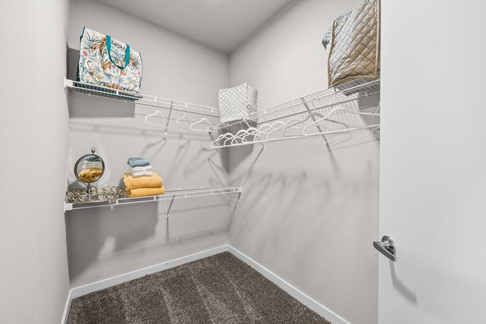 Spacious walk-in closet with sleek wire shelving and modern decor accents, perfect for organized living.