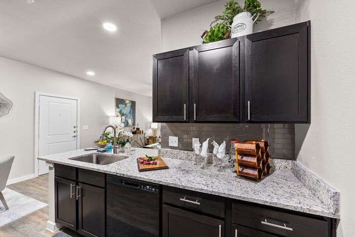 Chic kitchen space featuring dark wood cabinets, granite countertop, and modern decor in a bright, open-concept apartment.