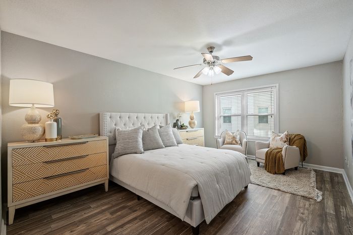 Lakeside at Campeche 2 bed 2 bath model front entrance looking into living room dinigroom and guest bathroom