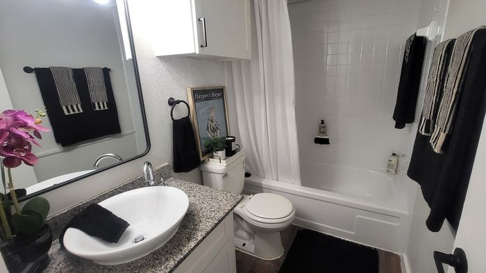 Charming bathroom with elegant design featuring a modern sink, granite countertop, stylish wall art, and vibrant orchid d&eacute;cor.