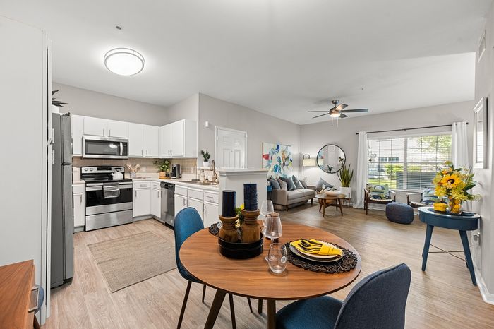 Bright open-plan living space with a modern kitchen, cozy seating area, and chic dining table, perfect for entertaining.