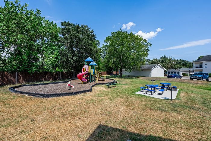 Charming community playground featuring vibrant play equipment and picnic area surrounded by lush greenery.