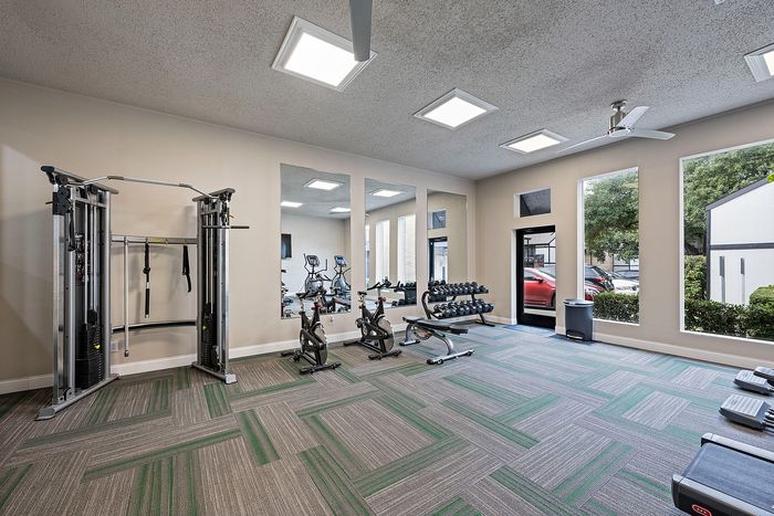 Modern fitness center with state-of-the-art gym equipment, including weight racks, stationary bikes, and sleek treadmills, set in a bright, spacious room with large windows and stylish carpeting.