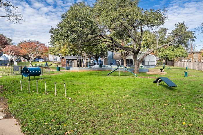 Vibrant community dog park with agility equipment set under shade trees, offering a perfect play area for pets.