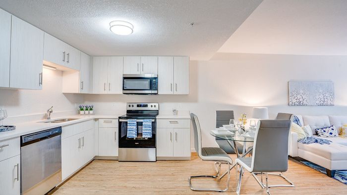 Contemporary open-concept kitchen and dining area with sleek appliances and stylish furnishings, ideal for modern living.