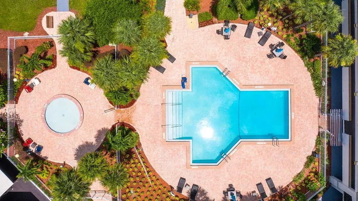 Breathtaking aerial view of a luxurious pool area with sun loungers, lush greenery, and a relaxing vibe.