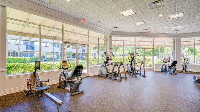 Bright and airy gym with state-of-the-art exercise machines, surrounded by large windows offering lush garden views.