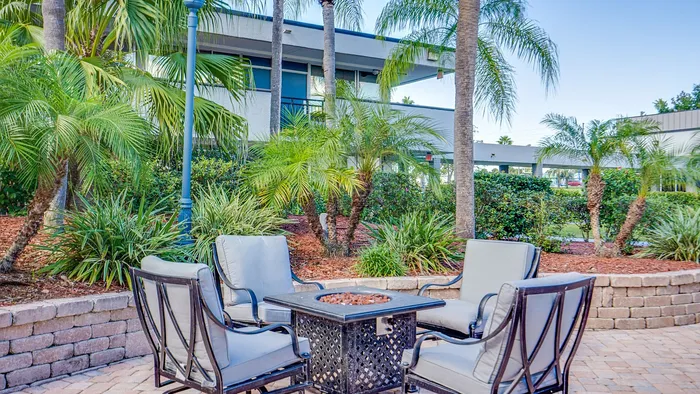 Charming outdoor seating area with cozy patio chairs surrounded by lush greenery and palm trees, offering a peaceful retreat.