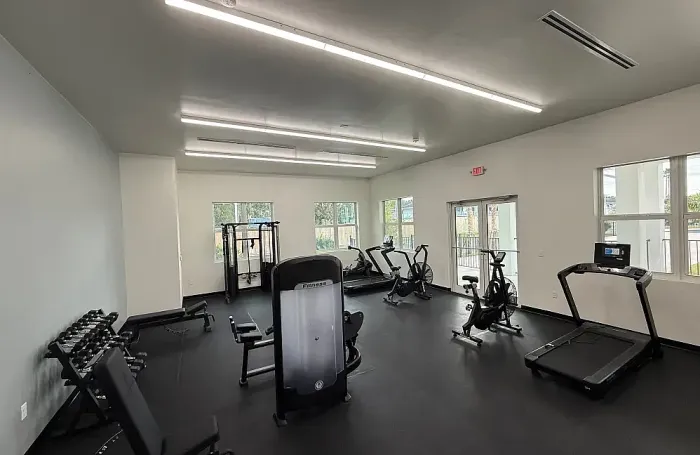 Row of modern treadmills facing large windows in a resident fitness center.