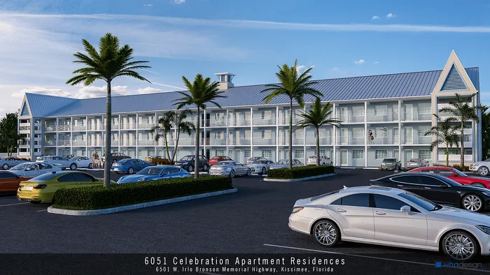 Charming apartment residences in Florida featuring modern architecture surrounded by palm trees with ample parking space.