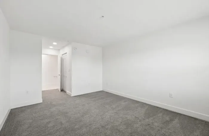 Empty apartment living room with modern wood-style flooring, white walls, and a large window.