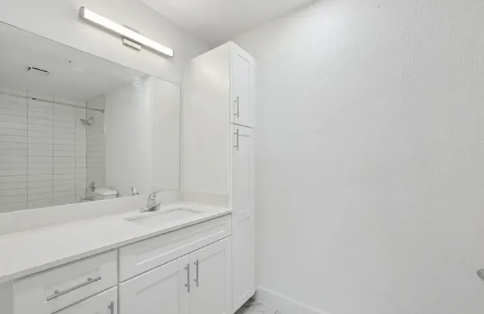 Clean, modern apartment bathroom showing a vanity with a large mirror, white cabinets, and bright lighting.