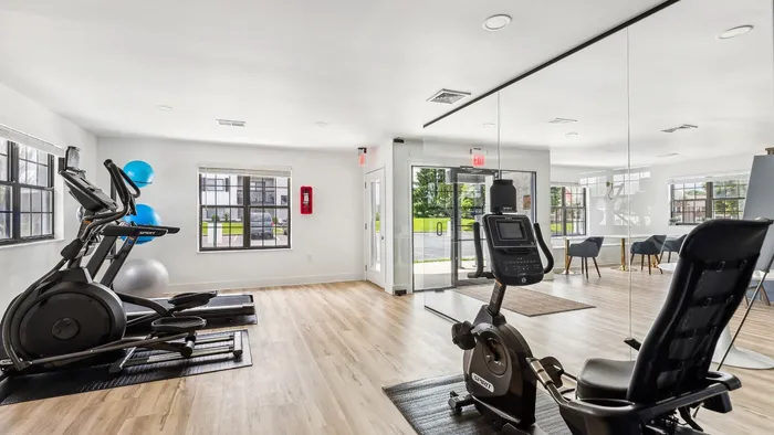 Bright and modern fitness room featuring state-of-the-art exercise equipment and large windows for natural light.