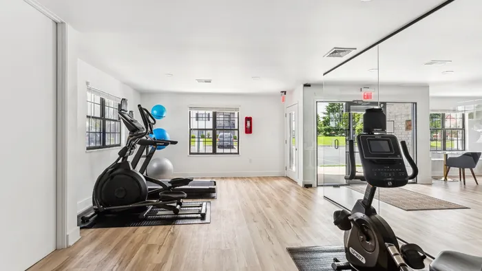 Bright and inviting gym space with modern exercise equipment and large windows allowing natural light.