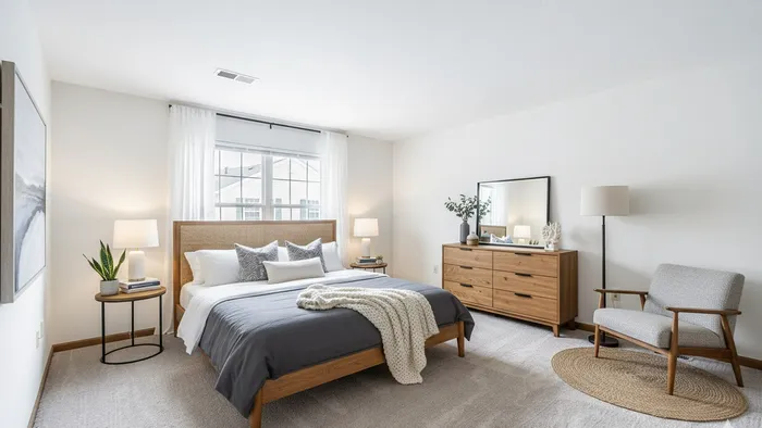 Inviting bedroom with modern decor featuring a cozy bed, elegant lighting, and stylish wooden furniture.