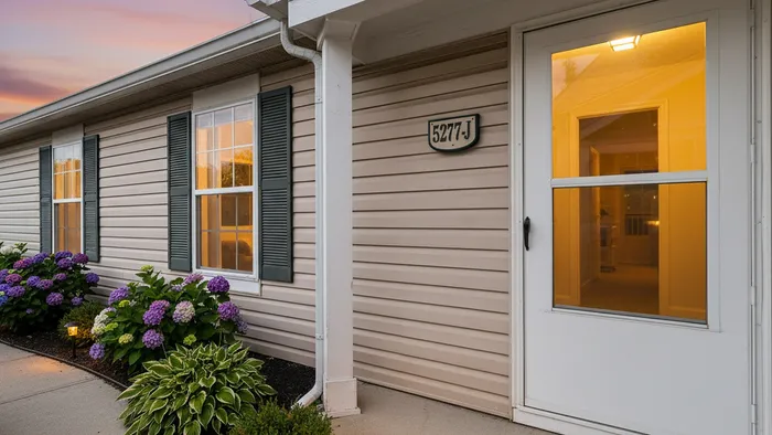 Charming exterior view of a cozy apartment with vibrant hydrangeas and inviting lighting.