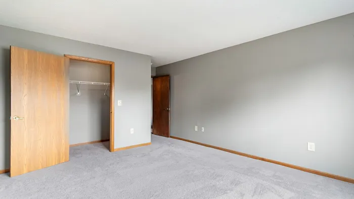 Bright and spacious bedroom with soft gray carpeting and neutral walls, featuring a modern wooden door and a built-in closet.