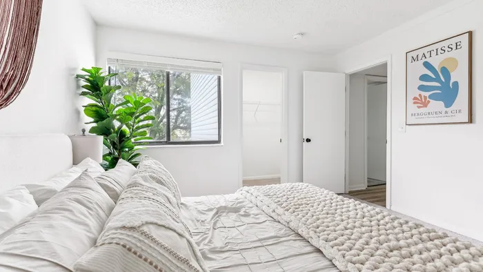 Bright and cozy bedroom with elegant decor, featuring a plush bed, modern artwork, and a vibrant plant by the window.