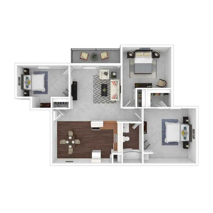 Elegant 3D floor plan featuring 3 spacious bedrooms, cozy living area, modern kitchen, and a charming balcony.