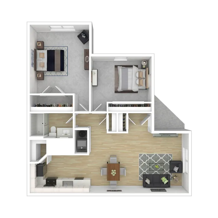 Contemporary 2D floor plan showcasing 2 bedrooms, an open living-dining area, and a modern kitchen.
